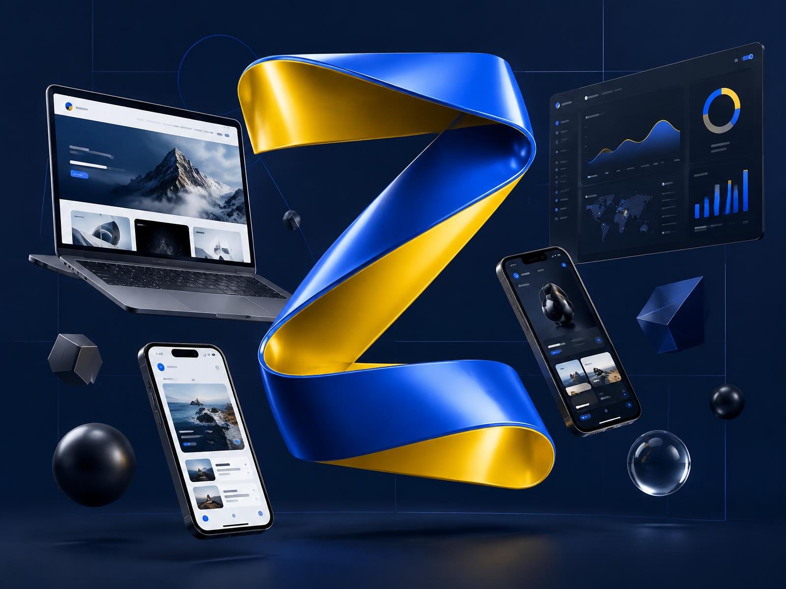 Oversized Zam Z ribbon surrounded by website, app and dashboard interfaces
